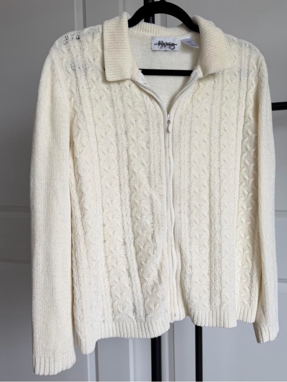 Alfred Dunner Cream Cable Zip-Up Cardigan Sweater